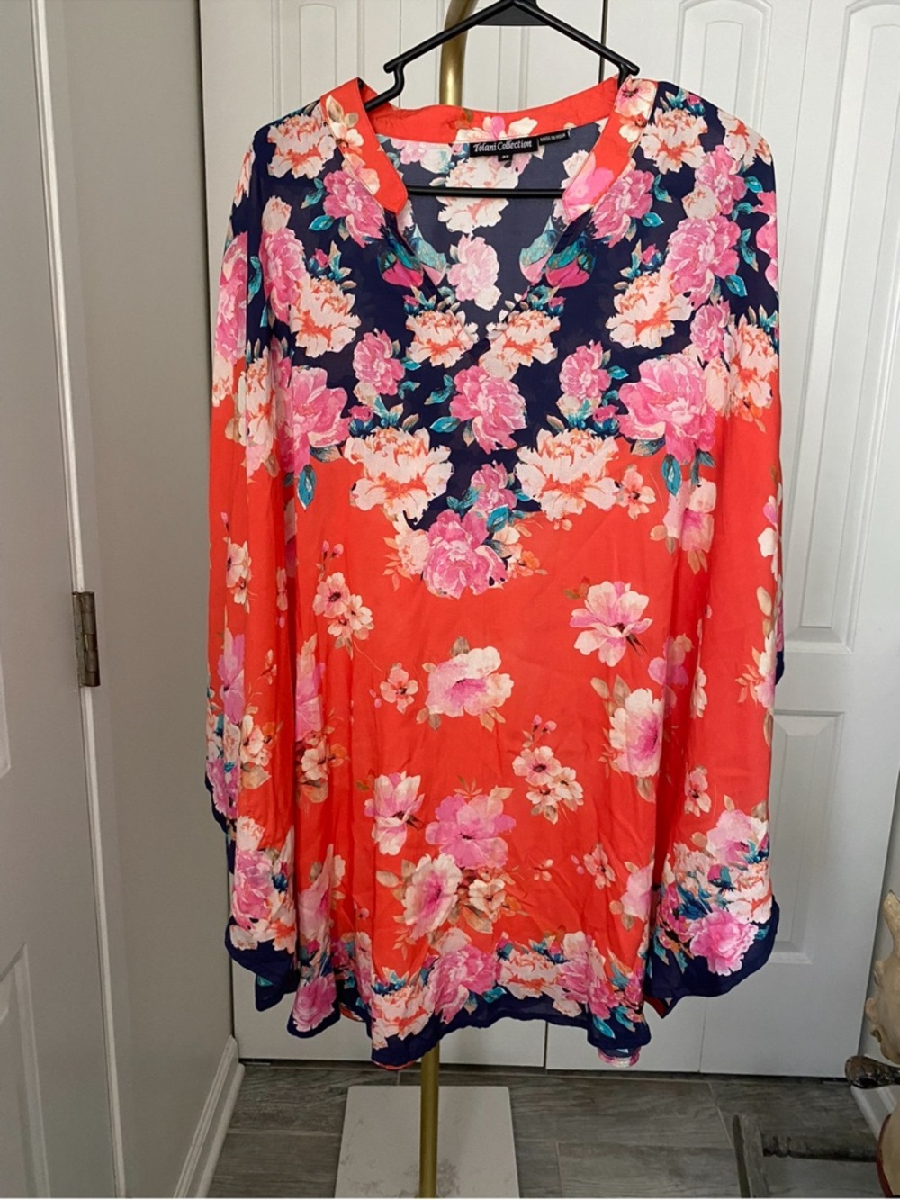 Tolani Coral Multi Color & Floral Print Caftan Tunic Top Swim Coverup - 3X